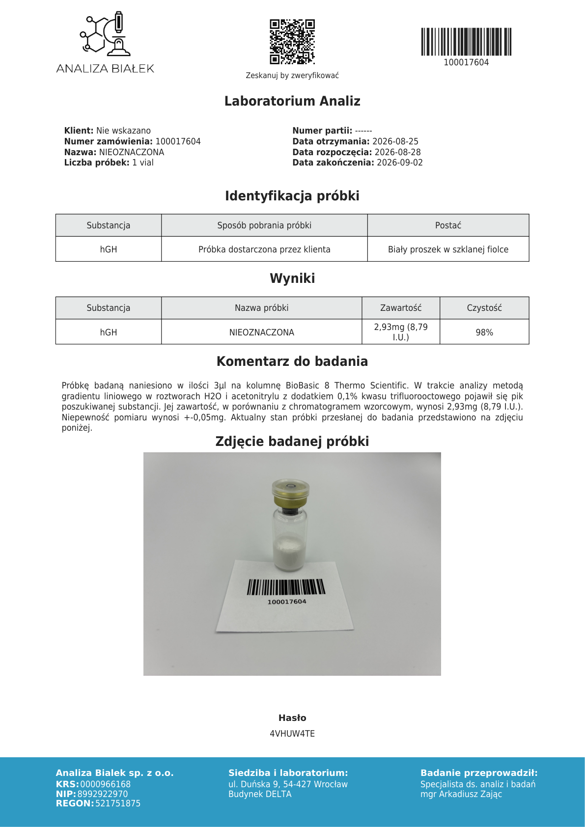 Strona 1 raportu — TEST #002 hGH (Analiza Białek)