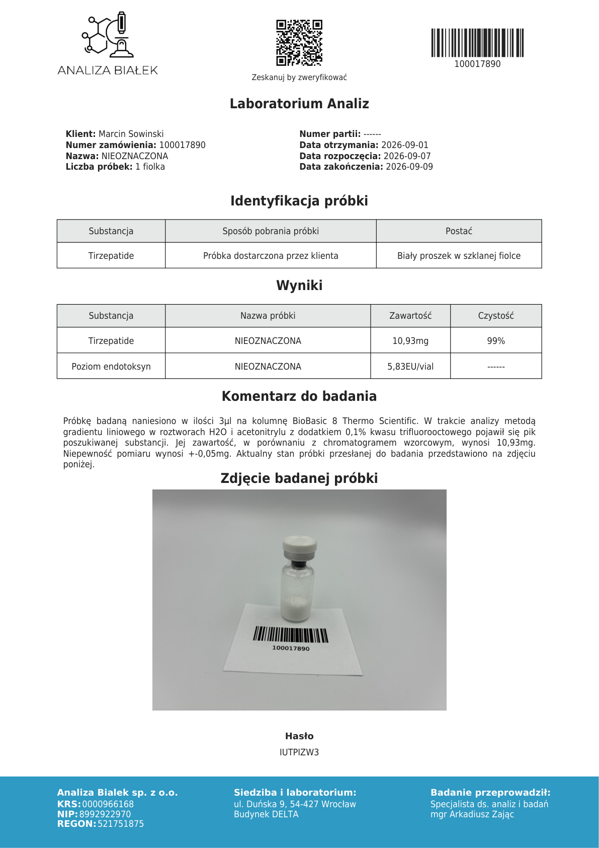 Strona 1 raportu — TEST #003 Tirzepatide (Analiza Białek)